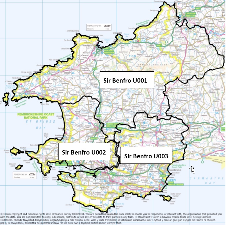 Map o Ardaloedd Cynnyrch Ehangach Uwch USOA Cyngor Sir Penfro