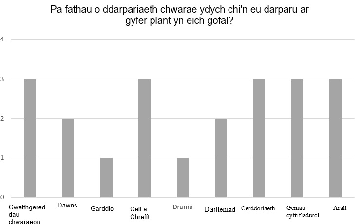 Pa fathau o ddarpariaeth chwarae ydych chi'n eu darparu ar gyfer plant yn eich gofal