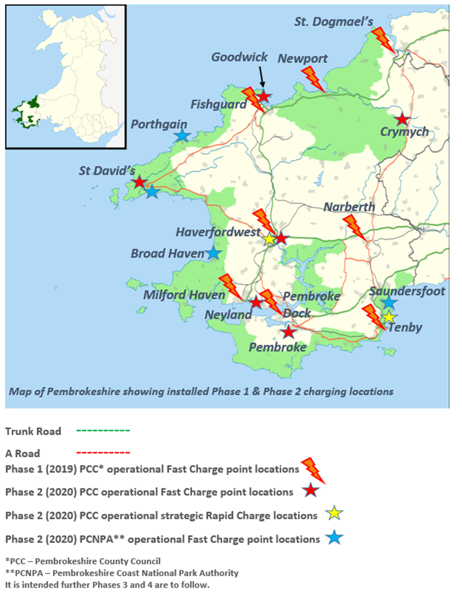 Map 2020 o leoliadau gwefru cerbydau trydan sy'n eiddo i CSP ac APCAP